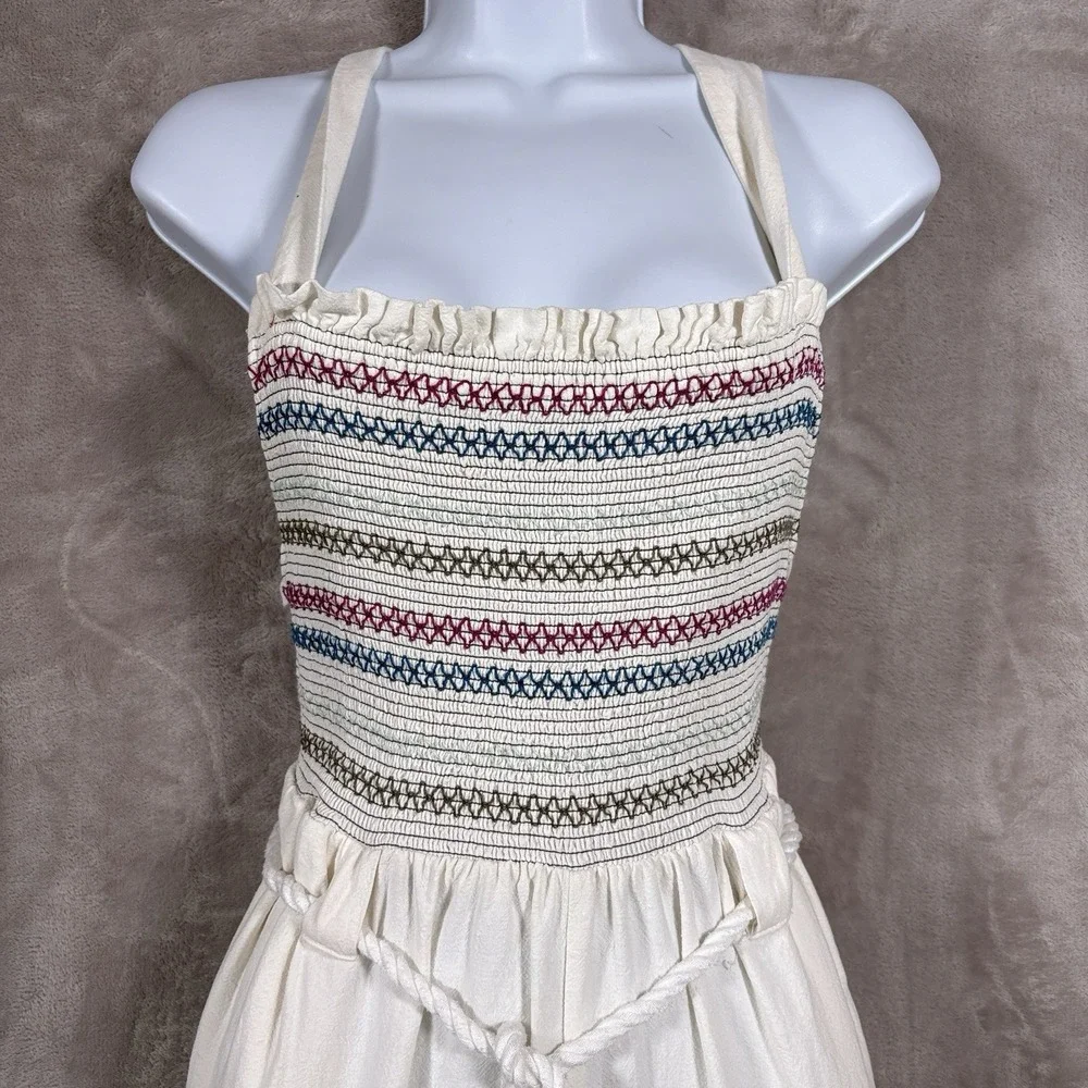 Free People Sienna Smocked Jumpsuit Womens XS White Halter Linen Blend